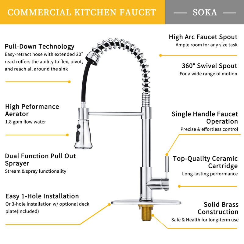 SOKA Kitchen Sink Faucet Single Handle with Pull Down Sprayer 3 Working Mode Stream, Spray & Pause Fit for 1 or 3 Hole - Image 5